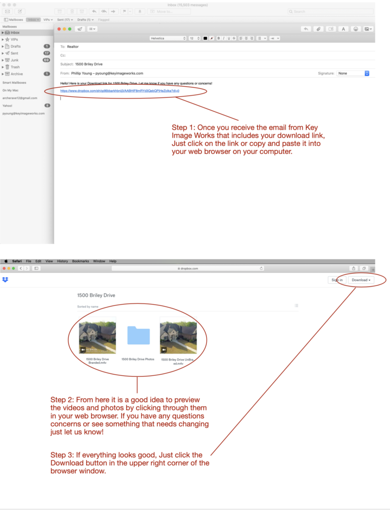 Step 1: Once you receive the email from Key Image Works that includes your download link, Just click on the link or copy and paste it into your web browser on your computer. Step 2: From here it is a good idea to preview the videos and photos by clicking through them in your web browser. If you have any questions concerns or see something that needs changing just let us know! Step 3: If everything looks good, Just click the Download button in the upper right corner of the browser window.